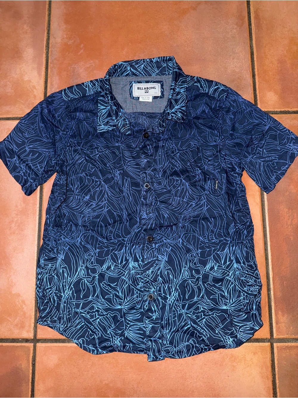 Billabong Navy and Light Blue Tropical Short-Sleeve Button-Up Shirt